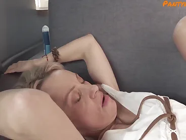 Horny stepmom wearing sexy tan pantyhose gets fucked by her stepson.