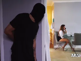 Hot chick is talking on phone when burglar breaks in and