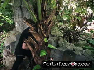 Innocent teen tied up and face fucked in a rough orchard setting