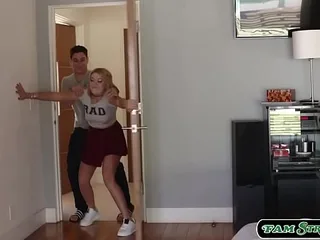 The stepsister sucks the cock of her brother for a reward in a taboo scene.