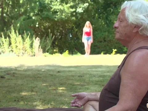 A foreign student showed grandpa her riding and sucking skills