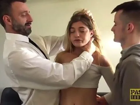 Teen subslut choked before rough spitroast in threesome