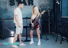 Hot stepsister, caught playing guitar, gets lucky with intense oral and sex action.