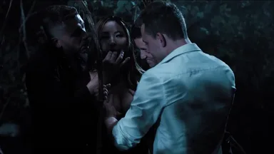 Busty chick gets fucked by three guys in the forest, time