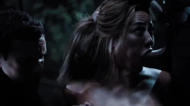 Busty chick gets fucked by three guys in the forest, time